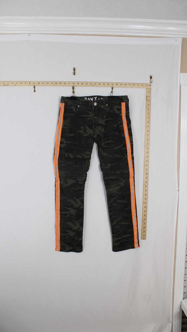 RAW X Men 30x30 Standard Moto Biker Jeans Camo Orange Stripe Ribbed Denim Y2K